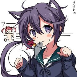  2girls akebono_(kancolle) animal_ears bell blue_sweater cat_day cat_ears commentary_request fish flower hair_bell hair_flower hair_ornament jingle_bell kantai_collection long_hair mouth_hold multiple_girls oerba_yun_fang paw_pose purple_eyes purple_hair sazanami_(kancolle) school_uniform serafuku side_ponytail simple_background skin_fang solo_focus sweater takahiro_(rikky) upper_body very_long_hair white_background 