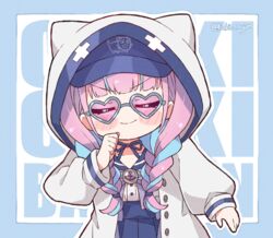  animal_hood blue_hair blue_sailor_collar blunt_bangs blush_stickers braid cat_hood chibi chibi_only choker ciki_ciki_bam_bam closed_eyes closed_mouth commentary english_commentary facing_viewer female heart heart-shaped_eyewear hololive hood hood_up hooded_jacket jacket kukie-nyan long_hair minato_aqua minato_aqua_(sailor) multicolored_hair official_alternate_costume paripi_koumei pink-tinted_eyewear purple_hair ribbon_choker sailor_collar school_uniform serafuku smile solo streaked_hair sunglasses tinted_eyewear twin_braids twintails twitter_username two-tone_hair v-shaped_eyebrows virtual_youtuber 