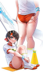  absurdres adjusting_buruma adjusting_clothes alternate_costume ass ass_focus buruma female flag from_behind full_body gym_shirt gym_uniform headband highres hololive kilesha logo megaphone multiple_views name_tag oozora_subaru red_buruma red_headband shirt shoes sitting smile socks standing sweat t-shirt uwabaki virtual_youtuber white_shirt white_socks wristband 