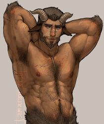  1boy abs animal_ears arm_hair armpit_hair armpits bara beard brown_hair chest_hair chinese_zodiac commentary dark-skinned_male dark_skin facial_hair goat_boy goat_ears goat_horns hairy highres horns large_pectorals looking_at_viewer male_focus mature_male monster_boy muscular muscular_male navel navel_hair nipples original pectorals rumlockerart satyr short_hair solo stomach symbol-only_commentary upper_body year_of_the_ox 