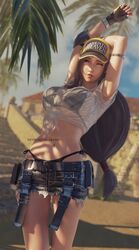  3d baseball_cap beach bikini bikini_under_clothes black_bikini blurry blurry_background breasts brown_eyes crop_top denim denim_skirt female final_fantasy final_fantasy_vii final_fantasy_vii_ever_crisis fingerless_gloves frayed_clothes frayed_skirt front-tie_top gloves hat highres long_hair low-tied_long_hair miniskirt navel official_alternate_costume one_eye_closed palm_tree patreon_username ria_(baka-neearts) see-through see-through_shirt shirt side-tie_bikini_bottom skirt smile solo stomach swimsuit tifa_lockhart tifa_lockhart_(lifeguard) tree wet wet_clothes 