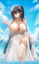  absurdres ahoge azur_lane blue_sky bracelet breast_tattoo breasts chest_tattoo chinese_commentary cloud commentary_request day dress earrings feet_out_of_frame female flower flower_tattoo garter_straps hair_between_eyes hair_flower hair_ornament highres huge_breasts jewelry leg_tattoo liu_liaoliao long_hair looking_at_viewer necklace ocean official_alternate_costume one_side_up red_eyes skirt_hold sky sleeveless sleeveless_dress solo standing taihou_(azur_lane) taihou_(temptation_on_the_sea_breeze)_(azur_lane) tattoo thighhighs veil very_long_hair wading water white_dress white_flower white_thighhighs 