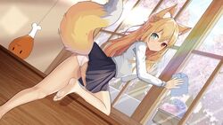  animal_ear_fluff animal_ears barefoot blonde_hair chinese_commentary cleaning cleaning_windows commentary feet female fox_ears fox_girl fox_tail green_eyes heterochromia indoors long_hair long_sleeves looking_at_viewer looking_back nighthu on_one_knee original panties pantyshot red_eyes shirt smile soles tail toes underwear white_panties white_shirt window 