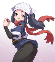  :p akari_(pokemon) ass back bad_id bad_pixiv_id beanie black_hair black_pantyhose black_sleeves cleanerjay closed_mouth commentary cowboy_shot female floating_scarf galaxy_expedition_team_survey_corps_uniform gradient_background grey_eyes hat highres holding holding_poke_ball long_hair looking_at_viewer looking_to_the_side pantyhose poke_ball poke_ball_(legends) pokemon pokemon_legends:_arceus red_scarf scarf sidelocks smile solo tongue tongue_out white_hat 