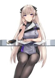  absurdres alternate_costume black_pantyhose blonde_hair breasts bullet chair closed_mouth commission dress embarrassed feet_out_of_frame female g3_(girls&#039;_frontline) g3_(mod3)_(girls&#039;_frontline) girls&#039;_frontline grey_dress hair_ornament hairclip hand_on_own_cheek hand_on_own_face highres long_hair looking_at_viewer magazine_(weapon) medium_breasts pantyhose paper parted_lips pixiv_commission purple_eyes sitting solo table transparent_background turtleneck uniform zen_juraku 