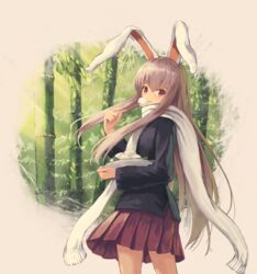  :t animal_ears bad_id bad_pixiv_id bamboo bun_(food) closed_mouth eating eyebrows_hidden_by_hair feet_out_of_frame female from_side hair_between_eyes holding holding_plate jacket long_hair looking_at_viewer miniskirt ookashippo outdoors pink_skirt plate pleated_skirt purple_eyes purple_hair rabbit_ears reisen_udongein_inaba scarf sidelocks simple_background skirt solo standing suit_jacket touhou very_long_hair white_background white_scarf 