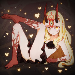  arm_support bare_legs bare_shoulders barefoot bikini bikini_skirt black_bikini black_nails blonde_hair breasts character_name closed_mouth commentary english_commentary facial_mark fate/grand_order fate_(series) feet female foot_tattoo forehead_mark hand_tattoo heart horns ibaraki_douji_(fate) leg_up legs long_hair looking_at_viewer nail_polish oni oni_horns pointy_ears sitting small_breasts smile soles solo srgrafo swimsuit tattoo toenail_polish toenails toes very_long_hair yellow_eyes 