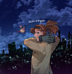  1boy arms_behind_head bird boku_no_hero_academia brown_hair brown_jacket building cityscape closed_mouth cloud commentary_request gloves grey_eyes grey_gloves highres jacket korean_commentary long_hair long_sleeves looking_at_viewer looking_back male_focus misa_(jjin_miryeon) night pino_(boku_no_hero_academia) ponytail rody_soul signature skyscraper smile standing twitter_username 