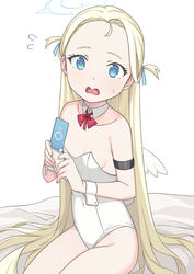  armlet bare_shoulders blonde_hair blue_archive blue_eyes blush bow bowtie breasts bright_pupils cellphone collarbone commentary covered_navel cowboy_shot detached_collar female flying_sweatdrops forehead halo highres holding holding_phone leotard long_hair looking_at_viewer on_bed open_mouth parted_bangs phone saiste simple_background sitting small_breasts solo sora_(blue_archive) two_side_up very_long_hair wavy_mouth white_background white_leotard white_pupils wings wrist_cuffs 