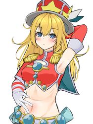  arm_up armpits asymmetrical_sleeves blonde_hair blue_eyes blush breasts capelet cleavage_cutout clothing_cutout commentary_request crop_top duel_monster epaulettes female gloves groin hair_between_eyes hat highres long_hair looking_at_viewer medium_breasts michiruri midriff navel orb parted_lips pendulum_witch red_capelet red_hat red_shirt shirt sidelocks simple_background solo spread_navel standing top_hat white_background white_gloves yu-gi-oh! 