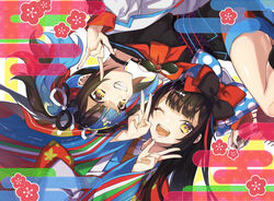  2girls \m/ bow double_v dual_persona egasumi fate/grand_order fate_(series) grin hairbow highres jacket japanese_clothes kimono layered_clothes layered_kimono long_hair multiple_girls one_eye_closed sailor_collar sei_shounagon_(fate) sei_shounagon_(third_ascension)_(fate) shimi_to_ufu smile sunglasses twintails v white_jacket wide_sleeves yellow_eyes 