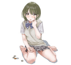  akanbe bad_id bad_pixiv_id bare_legs barefoot blue_bow blue_bowtie blush bow bowtie brown_sweater_vest coin commentary_request eyelid_pull female full_body green_eyes green_hair hamedoragon hand_up idolmaster idolmaster_shiny_colors looking_at_viewer miniskirt nanakusa_nichika panties pantyshot plaid plaid_skirt pleated_skirt school_uniform shirt short_hair short_sleeves simple_background sitting skirt soles solo sweater_vest tongue tongue_out underwear wariza white_background white_panties white_shirt 