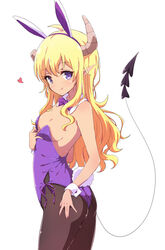  :q ahoge animal_ears ass bare_shoulders black_pantyhose blonde_hair blush bow bowtie breasts cleavage dark-skinned_female dark_skin demon_girl demon_horns demon_tail detached_collar fake_animal_ears female heart highres horns leotard lilith_(machikado_mazoku) long_hair looking_at_viewer machikado_mazoku mel_(melty_pot) pantyhose playboy_bunny pointy_ears purple_eyes purple_leotard rabbit_ears rabbit_tail side-tie_leotard simple_background small_breasts solo strapless strapless_leotard tail tongue tongue_out white_background wrist_cuffs 