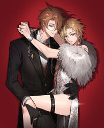  2boys absurdres aether_(genshin_impact) alternate_costume black_gloves black_jacket black_pants blonde_hair blue_eyes braid crossdressing cuffs dress earrings english_commentary evening_gown genshin_impact gloves ha_ze hair_between_eyes handcuffs highres jacket jewelry long_hair looking_at_viewer male_focus monocle multiple_boys pants parted_lips red_background ring simple_background single_braid single_earring sparkle tartaglia_(genshin_impact) thigh_strap yaoi yellow_eyes 