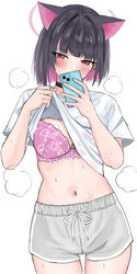  animal_ears black_choker black_hair blue_archive blush bob_cut bra bra_visible_through_clothes breasts cat_ears choker clothes_lift colored_inner_hair commentary_request female hair_intakes halo highres holding holding_phone kazusa_(blue_archive) lace lace_bra large_breasts lifting_own_clothes looking_at_phone medium_hair multicolored_hair navel phone pink_bra pink_eyes pink_hair pink_halo selfie shirt shirt_lift short_sleeves shorts simple_background solo steaming_body stomach sweat t-shirt thighs tsumayouji_(tumayog) two-tone_hair underwear white_background white_shirt white_shorts 