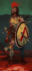  1boy ancient_greek_clothes armor arrow_(projectile) arrow_in_body bare_shoulders beard black_eyes black_hair blood blood_on_face bottomless breastplate clenched_teeth colored_sclera crack cuirass facial_hair fingernails greco-roman_clothes greek_armor highres holding holding_shield impaled injury long_hair male_focus moon mossacannibalis muscle_cuirass oerba_yun_fang original polearm pool_of_blood red_moon scar scar_across_eye shield solo spear standing teeth toenails weapon wide-eyed yellow_sclera 