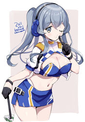  bandeau black_gloves blue_bandeau blue_eyes blue_hair blue_tube_top blush breasts cleavage closed_mouth cowboy_shot crop_top cropped_jacket dated female gloves gotland_(fuji_speedway_race_queen_mode)_(kancolle) gotland_(kancolle) hair_between_eyes headphones jacket kantai_collection large_breasts linea_alba long_hair mole mole_under_eye navel odawara_hakone one-hour_drawing_challenge one_eye_closed race_queen shrug_(clothing) smile solo stomach strapless tube_top twitter_username white_jacket 