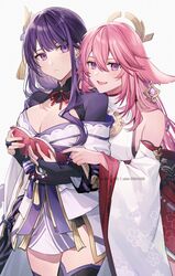  2girls bare_shoulders breasts coyucom genshin_impact hair_ornament happy highres japanese_clothes kimono multiple_girls over_shoulder pink_hair pointing purple_eyes purple_hair raiden_shogun reading thighhighs thighs yae_miko 