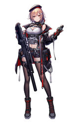  absurdres belt beret black_footwear black_gloves black_jacket black_shorts black_thighhighs boots breasts character_request chinese_commentary cleavage closed_mouth commentary_request female full_body girls&#039;_frontline gloves gun h&amp;k_sl8 hair_ornament hairclip hat headphones heckler_&amp;_koch highres holding holding_gun holding_microphone holding_weapon jacket looking_at_viewer medium_breasts medium_hair microphone navel open_clothes open_jacket original pink_hair red_eyes rifle san_ka shirt shorts smile sniper_rifle solo standing thighhighs weapon white_background white_shirt 