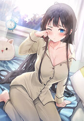  alarm_clock arm_support backlighting bare_shoulders barefoot bed_sheet black_hair blue_eyes blunt_bangs blush breasts cleavage clock closed_mouth collarbone collared_shirt commentary curtains female hair_strand hand_up kendo_club_president_(rangu) large_breasts long_hair long_sleeves looking_at_viewer messy_hair off_shoulder one_eye_closed original pajamas pillow rangu shirt sidelocks sitting solo stuffed_toy window wrist_cuffs 