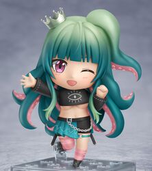  absurdres asymmetrical_legwear black_shirt blunt_bangs blush breasts cali_calypso chibi commentary commission crop_top english_commentary faux_figurine female full_body gradient_hair green_hair highres indie_virtual_youtuber kneehighs large_breasts long_hair long_sleeves multicolored_hair navel nendoroid one_eye_closed open_mouth pink_eyes pink_legwear second-party_source shiori2525 shirt single_kneehigh single_sock single_thighhigh smile socks solo tentacle_hair thighhighs underboob virtual_youtuber 