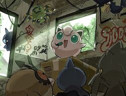  anzu_(01010611) banette box cardboard_box commentary day graffiti green_eyes highres holding holding_microphone hoothoot indoors jigglypuff looking_up microphone murkrow music no_humans open_mouth pokemon pokemon_(creature) shuppet singing spinarak symbol-only_commentary tongue window 