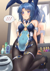  absurdres alice_gear_aegis animal_ears arm_strap arms_behind_back bare_shoulders black_footwear black_pantyhose blue_hair blue_leotard blush breasts commentary_request cosmetics covered_navel detached_collar fake_animal_ears female high_heels high_ponytail highleg highleg_leotard highres leotard long_hair mirror open_mouth origami_yakko pantyhose playboy_bunny ponytail purple_eyes rabbit_ears reflection small_breasts solo speech_bubble strapless strapless_leotard sweat sweatdrop table takanashi_rei thigh_strap vanity_table 