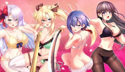  4girls absurdres aqua_eyes ass black_hair blonde_hair blue_eyes blue_hair bow bra breasts elfine_phillet from_behind gun hairbow highres holding holding_gun holding_sword holding_weapon keigen_hichou large_breasts long_hair multiple_girls navel pantyhose purple_eyes red_bow regina_mercedes riselia_ray_crystalia sakuya_sieglinde seiken_gakuin_no_maken_tsukai short_hair sword thighhighs twintails underwear weapon white_hair white_thighhighs 