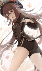  :d absurdres ass black_hat black_shorts boo_tao_(genshin_impact) brown_hair closed_eyes female genshin_impact ghost half-closed_eyes happy hat highres hu_tao_(genshin_impact) jewelry long_hair long_sleeves looking_at_viewer oerba_yun_fang open_mouth red_eyes ring short_shorts shorts smile snozaki solo tailcoat thighs twintails wide_sleeves wind wind_lift 