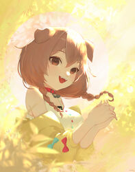  :d animal_ears bare_shoulders bixi blue_bow bow braid breasts brown_eyes brown_hair buttons chinese_commentary dog_ears dog_girl dress fangs female hair_between_eyes highres hololive inugami_korone inugami_korone_(1st_costume) jacket jacket_partially_removed long_hair looking_at_viewer low_twin_braids medium_breasts off_shoulder open_clothes open_jacket open_mouth own_hands_clasped own_hands_together red_bow short_dress sleeveless sleeveless_dress smile solo twin_braids upper_body virtual_youtuber white_dress yellow_jacket 