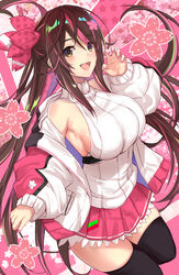  bad_id bad_pixiv_id bare_shoulders black_thighhighs blush breasts brown_hair cherry_blossoms female flower hair_flower hair_ornament halterneck hand_up highres jacket large_breasts long_hair long_sleeves looking_at_viewer miniskirt multicolored_hair nail_polish off_shoulder open_clothes open_jacket open_mouth original paw_pose pink_hair pink_nails pink_skirt pleated_skirt sakuramon sideboob sidelocks skirt smile solo streaked_hair thighhighs untue yellow_eyes 