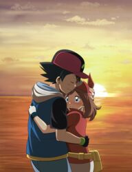  1boy bandana baseball_cap black_gloves black_hair blue_eyes blush brown_hair closed_eyes closed_mouth cloud commentary commission fanny_pack female gloves hat highres hood hood_down hug jacket may_(pokemon) outdoors pants pixiv_commission pokemon pokemon_(anime) pokemon_rse_(anime) red_bandana red_shirt satoshi_(pokemon) shirt short_hair short_sleeves skirt sky smile spiked_hair suitenan sun sunset tearing_up twilight white_skirt yellow_bag 