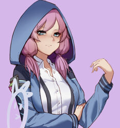  arknights arm_pouch armband artist_logo blue_eyes blue_jacket blue_poison_(arknights) blue_poison_(elite_ii)_(arknights) blush breasts chinese_commentary closed_mouth collared_shirt condom condom_wrapper female highres hood hood_up hooded_jacket jacket long_sleeves looking_at_viewer medium_breasts medium_hair open_clothes open_jacket partially_unbuttoned pink_hair purple_background shirt simple_background solo suspenders tiankong_pie_ai twintails upper_body white_shirt 