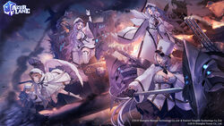  5girls armpits azur_lane bare_shoulders battle between_breasts black_gloves black_necktie black_pantyhose blue_eyes blue_hair blush boots braid breasts brown_hair chains choker cleavage coat coat_dress collarbone commentary_request dress flag floating flying full_body fur-trimmed_coat fur_hat fur_trim gloves gremyashchy_(azur_lane) grey_hair grey_sky hair_between_eyes hair_ornament hand_up hat highres holding holding_sword holding_weapon jacket kirov_(azur_lane) knee_boots large_breasts logo long_hair long_sleeves machinery military_hat miniskirt mole mole_on_breast multicolored_hair multiple_girls murmansk_(azur_lane) necktie necktie_between_breasts nishikawa_eito northern_parliament_(emblem) off_shoulder official_art open_mouth pantyhose papakha parted_bangs peaked_cap pleated_skirt pointing scarf serious sidelocks skindentation skirt sky sleeveless sleeveless_dress smoke sovetskaya_belorussiya_(azur_lane) standing streaked_hair sword tallinn_(azur_lane) thigh_boots thighhighs turret underboob very_long_hair very_long_sleeves watermark weapon white_coat white_dress white_footwear white_gloves white_hair white_headwear white_scarf wings zettai_ryouiki 