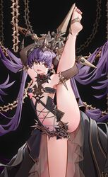  :p absurdres armpits arms_behind_head arms_up azur_lane bare_legs barefoot bird black_dress breasts chains cross cross-laced_clothes cross-laced_dress crow dress elbow_gloves feet felix_schultz_(azur_lane) female flexible gloves hair_between_eyes heart heart-shaped_pupils highres holding_own_leg iron_cross kneepits leg_hold leg_up legs long_hair looking_at_viewer midriff mihua_mh navel presenting purple_hair red_eyes revealing_clothes small_breasts smile soles solo split standing standing_on_one_leg standing_split stomach symbol-shaped_pupils thighs toes tongue tongue_out underboob very_long_hair 