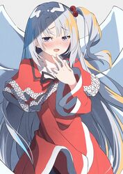  absurdres black_ribbon blue_eyes blush capelet commentary_request dress female grey_hair hair_bobbles hair_ornament highres long_hair long_sleeves one_side_up open_mouth red_capelet red_dress ribbon shinki_(touhou) solo touhou touhou_(pc-98) tsushi turtleneck very_long_hair white_wings wide_sleeves wings 