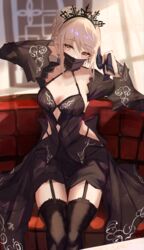  artoria_pendragon_(fate) black_dress black_thighhighs blonde_hair braid braided_bun breasts commentary cutout_above_navel dress earrings fate/grand_order fate_(series) female garter_straps hair_bun highres jewelry long_sleeves mask mouth_mask panipo saber_alter sidelocks single_hair_bun sitting small_breasts solo thighhighs tiara yellow_eyes 