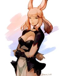  animal_ears blunt_bangs breasts brown_hair center_opening choker cleavage_cutout clothing_cutout cowboy_shot female final_fantasy final_fantasy_xiv long_hair looking_at_viewer medium_breasts muraicchi_(momocchi) rabbit_ears see-through simple_background solo vambraces viera warrior_of_light_(ff14) yellow_eyes 