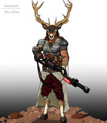  2023 2_ears 2_eyes absurd_res anthro antlers armed armor belt bottomwear brown_body brown_eyes brown_fur cervine clothed clothing dan_ortiz deer digital_drawing_(artwork) digital_media_(artwork) fur fur_pattern gloves gradient_background gun handwear hi_res hooves horn looking_at_viewer male mammal muscular pants ranged_weapon rifle ruscal signature simple_background solo weapon 