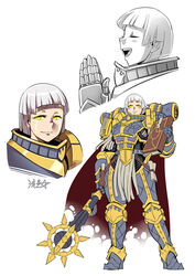  :d adeptus_astartes armor backpack bag bob_cut book boots breastplate closed_mouth commentary facial_mark female gauntlets genderswap_(mtf) greaves hands_up highres holding holding_book holding_weapon illuminarum looking_at_viewer lorgar_aurelian mace medium_hair multiple_views open_mouth palms_together pauldrons primarch profile rule_63 ryuusei_(mark_ii) shoulder_armor sideways_mouth signature smile warhammer_40k weapon white_hair word_bearers yellow_eyes 