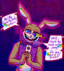  2021 anthro asking asking_how asking_viewer black_nose blue_background brown_body buckteeth dialogue distorted_speech_bubble ellipsis english_text exclamation_point eyelashes five_nights_at_freddy&#039;s five_nights_at_freddy&#039;s_vr:help_wanted fnaf_vr_help_wanted glitch glitchtrap half-closed_eyes half-length_portrait lagomorph leporid long_ears long_whiskers looking_down male mammal multicolored_body narrowed_eyes open_mouth polygonal_speech_bubble portrait purple_background purple_eyes question question_mark rabbit scottgames simple_background smile solo speech_bubble standing stitch_(sewing) talking_to_viewer tan_body teeth text unikhroma whiskers yes-no_question 