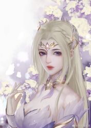  bare_shoulders blonde_hair blue_eyes breasts bug butterfly choker douluo_dalu dress female hair_ornament highres long_hair multicolored_background qian_renxue_(douluo_dalu) qian_renxue_zhuye solo upper_body white_butterfly white_dress 