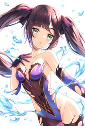  bare_shoulders black_gloves black_hair blue_leotard blush bodystocking breasts brown_pantyhose choker commentary covered_navel detached_sleeves earrings female genshin_impact gloves gold_trim green_eyes groin hair_ribbon hand_up highleg highleg_leotard highres hydrokinesis jewelry leotard liquid_clothes long_hair looking_at_viewer medium_breasts mona_(genshin_impact) pantyhose parted_lips purple_gloves purple_ribbon ribbon simple_background solo star_(symbol) star_earrings thighs tomo_(tmtm_mf_mf) torn_bodystocking torn_clothes twintails very_long_hair water white_background 