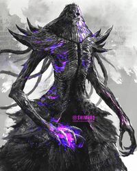  artist_name claws dark_souls_(series) dark_souls_ii female grin highres hollow_eyes looking_at_viewer magic monster nashandra purple_theme sharp_teeth shimhaq smile solo teeth tentacle_hair 