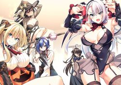  1boy 4girls absurdres aqua_eyes black_hair blonde_hair blue_eyes breasts brown_hair elfine_phillet fangs halloween_costume highres jack-o&#039;-lantern keigen_hichou large_breasts leonis_death_magnus leotard long_hair looking_at_viewer maid multiple_girls no_bra oerba_yun_fang official_art otoko_no_ko purple_eyes regina_mercedes riselia_ray_crystalia sakuya_sieglinde seiken_gakuin_no_maken_tsukai short_hair thighhighs twintails white_hair witch 