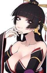  bare_shoulders black_eyes black_eyeshadow blunt_bangs breasts cleavage collarbone commentary dead_or_alive dead_or_alive_5 detached_sleeves eyeshadow female hair_behind_ear hand_on_own_face hime_cut j.k. japanese_clothes large_breasts long_hair makeup medium_breasts mole mole_under_mouth nyotengu smile solo tsurime upper_body white_background 