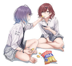  2girls asakura_toru bad_id bad_pixiv_id bare_legs barefoot black_necktie blue_hair blue_nails bracelet brown_hair cellphone chips_(food) collared_shirt commentary_request feeding feet food gradient_hair grey_skirt hair_ornament hairclip hamedoragon hands higuchi_madoka holding holding_phone idolmaster idolmaster_shiny_colors indian_style jewelry miniskirt mole mole_under_eye multicolored_hair multiple_girls nail_polish necktie phone pleated_skirt potato_chips purple_eyes purple_hair purple_nails school_uniform shadow shirt short_hair simple_background sitting skirt sleeves_rolled_up smartphone soles toes white_background white_shirt wing_collar 