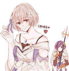  2girls armor bad_id bad_pixiv_id bare_shoulders breasts character_name collarbone commentary_request flower hair_flower hair_ornament hair_over_one_eye hair_ribbon hand_up heart holding holding_weapon kaneki_ken kirishima_touka large_breasts long_sleeves multiple_girls purple_eyes purple_hair purple_ribbon ribbon sasako_(tokyo_ghoul) short_hair simple_background smile tokyo_ghoul tokyo_ghoul:re toukaairab weapon white_flower 