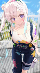  airani_iofifteen airani_iofifteen_(1st_costume) blue_hair blue_overalls blurry blurry_background blush breasts collarbone female gradient_hair hair_bun hairband hololive hololive_indonesia holster long_hair looking_at_viewer medium_breasts multicolored_hair outdoors overalls paint_on_body paint_splatter paint_splatter_on_face paint_tube paintbrush pink_hair print_shirt purple_eyes shadow shirt short_sleeves side_ponytail single_side_bun sleeveless solo star_(symbol) star_in_eye symbol_in_eye upper_body virtual_youtuber yano_mitsuki_(nanairo) 