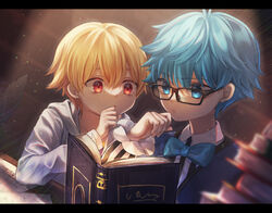  2boys absurdres black-framed_eyewear blonde_hair blue_bow blue_eyes blue_hair blue_vest book book_stack bow bowtie child_gilgamesh_(fate) fate/extra fate/grand_order fate/hollow_ataraxia fate_(series) gilgamesh_(fate) glasses hans_christian_andersen_(fate) highres hood hoodie indoors letterboxed male_focus multiple_boys nagute open_book reading red_eyes short_hair vest white_hoodie 